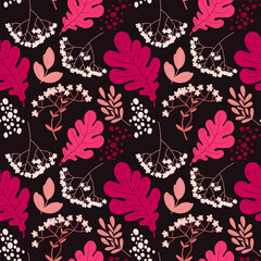 Seamless autumn pattern with oak leaves and acorns. Stylized botanical pattern with floral elements