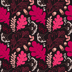 Seamless autumn pattern with oak leaves and acorns. Stylized botanical pattern with floral elements