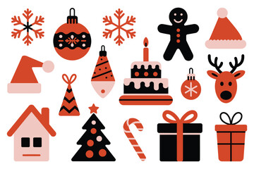 A collection of festive Christmas icons including a gingerbread man, reindeer, gifts, and ornaments