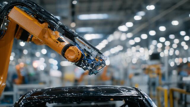 Advanced aerospace production line with robotic arm molding composite tail section for supersonic jet, bright workshop lighting illuminating black carbon fiber