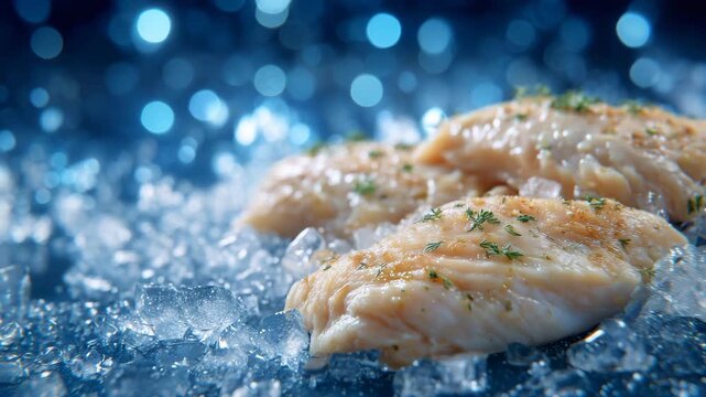 Chilled chicken fillets on reflective ice layer, illuminated with soft highlights, bokeh backdrop of defocused kitchen lighting representing cooking inspiration