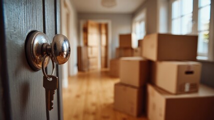 House key on door and moving boxes inside a new home