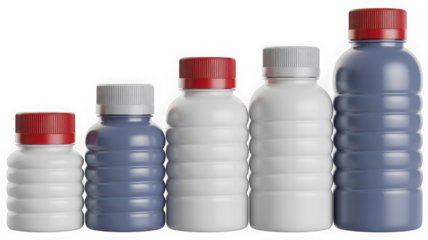 Growing set of five plastic bottles, varying sizes and colors isolated on transparent background