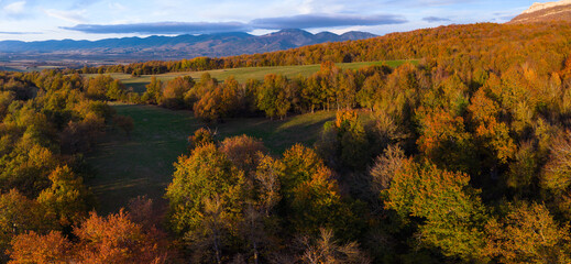 Obraz premium Autumn landscape on the Route of the Ancient Oaks of Okariz and Munain in the Sierra de Entzia mountain range in the province of Álava, Basque Country, Spain, Europe