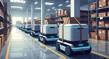 Autonomous robot vehicle transporting boxes in modern smart warehouse. Automated logistics system for efficient inventory management and distribution.