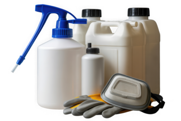 Cleaning chemicals and personal protective equipment for safety isolated on transparent background