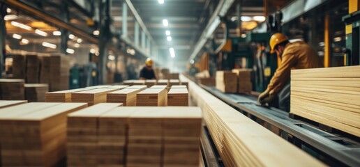 Woodworking factory with lumber on conveyor belt and worker.