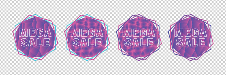 Vibrant neon purple, pink Mega Sale low poly crystal badge. Futuristic geometric design perfect for ecommerce, gaming, and big promotions.