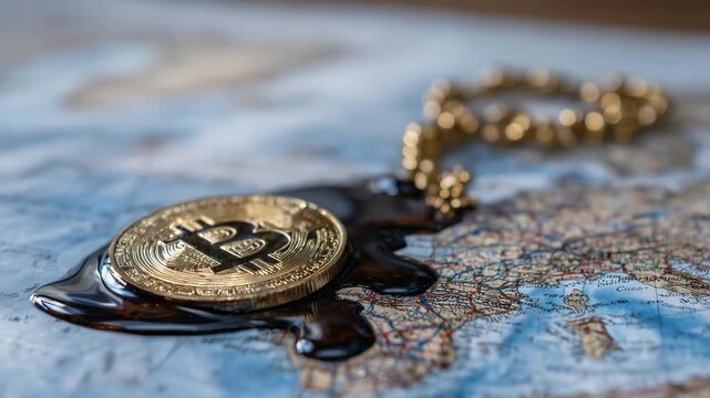Close-up of dark petroleum stream coating Bitcoin coin, laid over a world map showing global trade routes, concept of resource-driven economy
