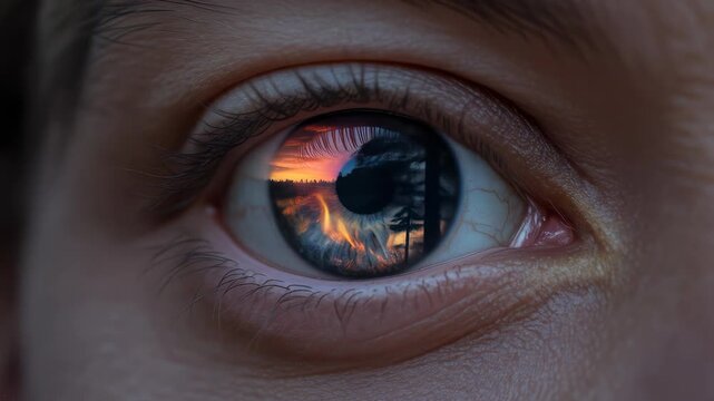 Macro view of an eye with fiery reflections, showcasing a landscape within the iris
