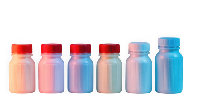 Six plastic medicine bottles with vibrant light and varied caps isolated on transparent background