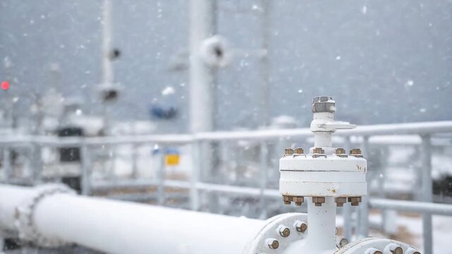 Close-up of frozen compressor station valves and pipeline connectors, snow lightly dusting metal surfaces