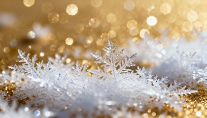 Macro photography of snowflakes on a golden shimmering  surface with warm bokeh lights, creating a festive luxurious winter background. Perfect for Christmas, New Year, and holiday design concept.