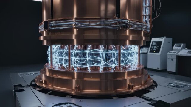 Close Up Quantum Computer System Cooling and Control in Research Lab
