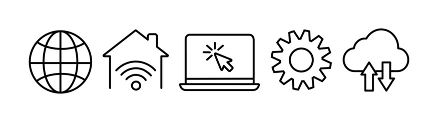 Line art set of technology icons including house icon with WiFi sign, internet globe icon, laptop, gear settings, and cloud storage with upload and download arrows isolated on white background. 