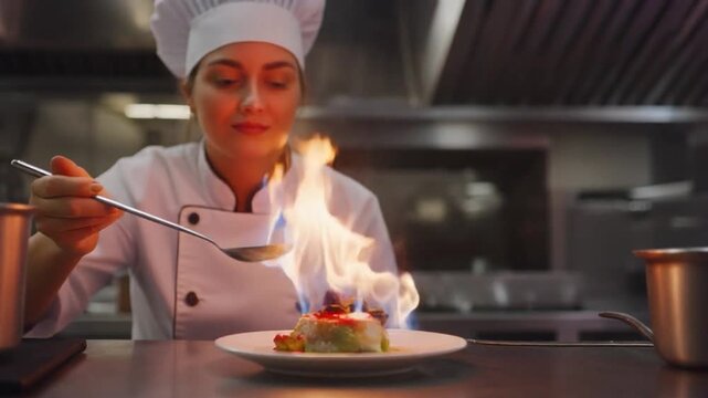 Female culinary professional carefully garnishing plated dessert with sauce in commercial kitchen - Powered by Adobe