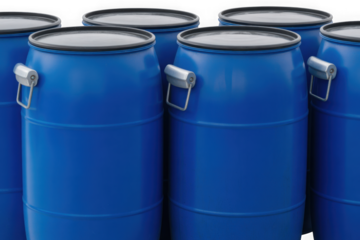 Blue plastic barrels with metal handles for industrial storage use isolated on transparent background