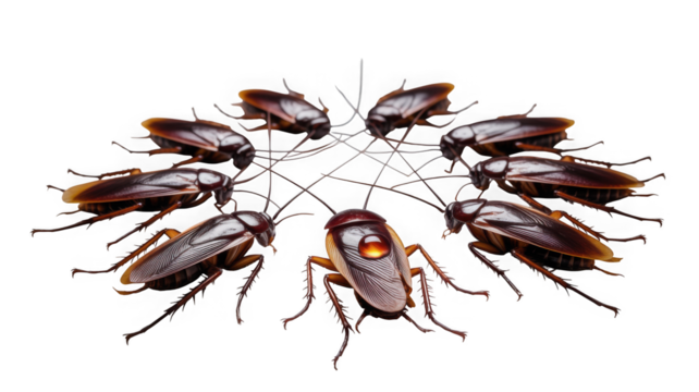 Group of cockroaches forming a circle, interconnected by web isolated on transparent background