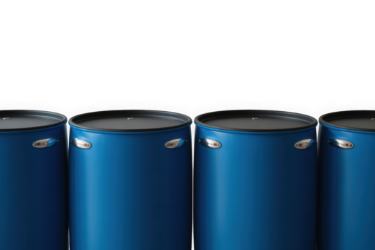 Row of blue industrial chemical barrels storage containers isolated on transparent background
