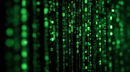 Abstract digital data stream of green glowing numbers on black background