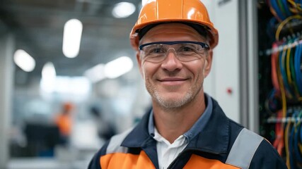 Confident construction worker wearing an orange hard hat and safety glasses standing amidst vibrant electrical cables, proud expression under warm industrial lighting, symbolizing