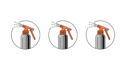 Row of three spray bottle icons with orange nozzle spraying liquid isolated on transparent background
