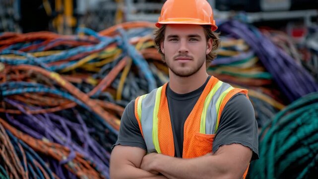 Construction worker in orange helmet confidently crossing arms among a tangle of vivid electrical cables, dramatic lighting highlighting professionalism and pride