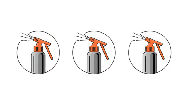 Row of three spray bottle icons with orange nozzle spraying liquid isolated on transparent background