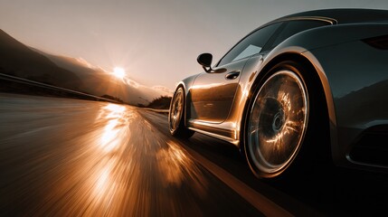Dynamic shot of a silver sports car on a road at sunset