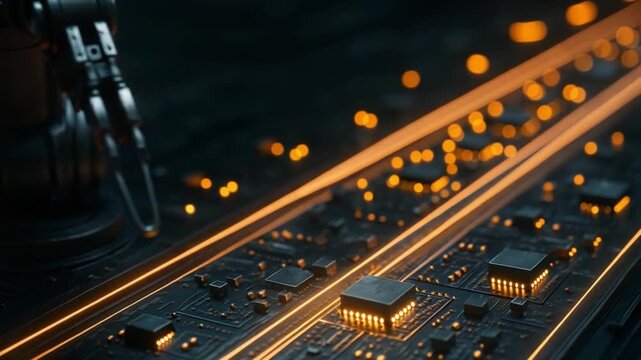 Glowing Circuit Design Robotic Arm Showcases Microchip Innovation in Advanced Electronics Technology