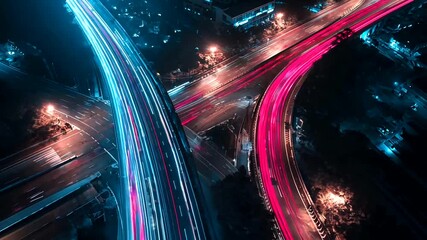 Aerial night view of highway interchange with vibrant blue and pink light trails - Powered by Adobe