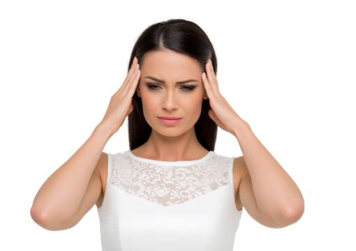 Woman with hands on temples isolated on a transparent background
