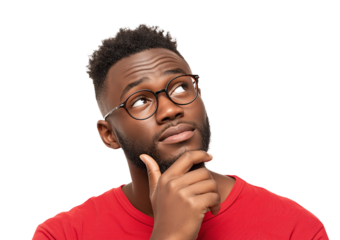 Young man with glasses thinking isolated on a transparent background 1