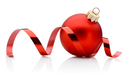 Christmas red bauble and curling paper ribbon isolated on white background