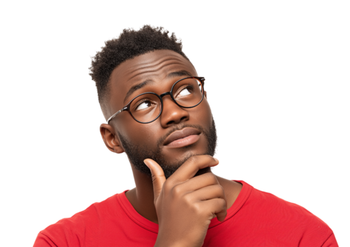Young man with glasses thinking isolated on a transparent background 1