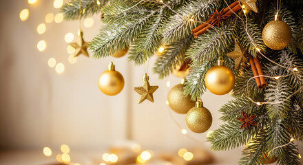 Festive image of decorated evergreen branch with gold ornaments, cinnamon sticks and star anise, symbolizing celebration, holiday spirit, and festive mood