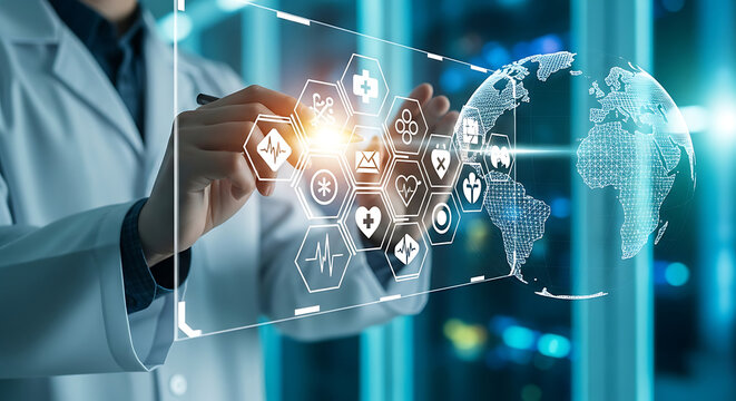 Doctor interacting with futuristic medical technology interface - Powered by Adobe