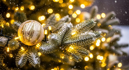 Close-up of snowy pine branch with golden bauble, and light string, creating a festive and bright atmosphere, symbolizing holiday cheer and warmth