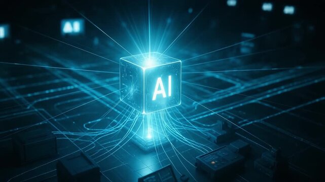 Futuristic AI Cube Glowing Brightly Amidst Digital Network, Symbolizing Innovation and Advanced Technology in Data Driven World