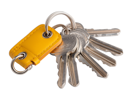 Bunch of keys with yellow keychain isolated on a transparent background