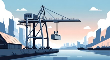 Obraz premium Port crane loading cargo container onto ship. International trade, logistics, and supply chain management for global freight shipping.