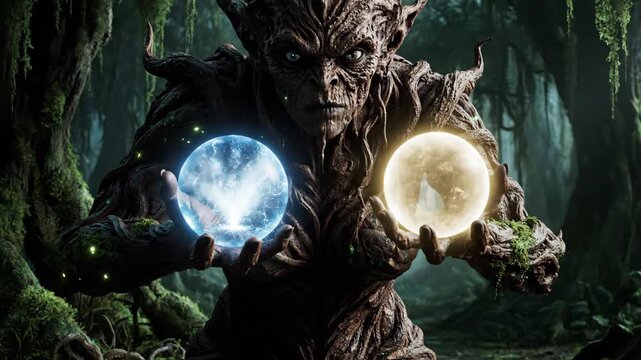Ancient forest spirit with a tree-like body creating and balancing powerful glowing orbs of energy and light in its hands against a dark, mystical jungle background