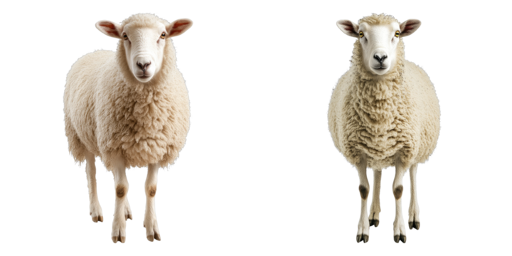 Two fluffy sheep stand side by side, facing the camera with a curious gaze, showcasing their soft, woolly coats