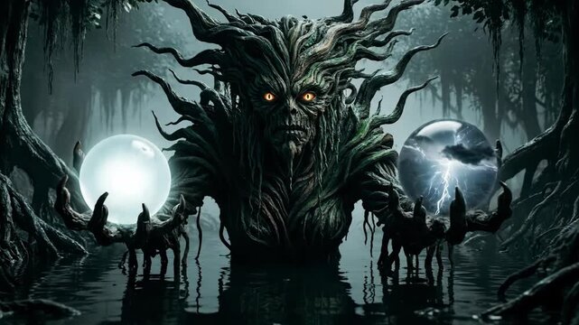 Ancient nature spirit standing in dark swamp water, holding two glowing magical orbs, one radiating bright light and the other containing a storm with lightning