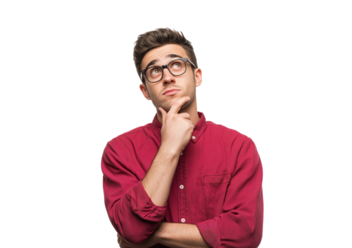 Young Man Thinking with Hand on Chin isolated on a transparent background - Powered by Adobe