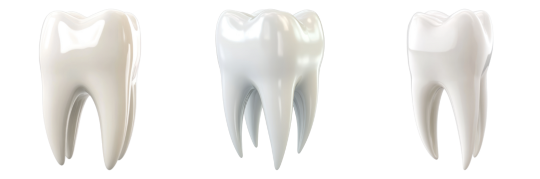 Three teeth in a row, each exhibiting varying shades of whiteness, highlighting the concept of teeth whitening