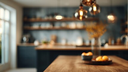 Modern kitchen interior with table and blurred background elements