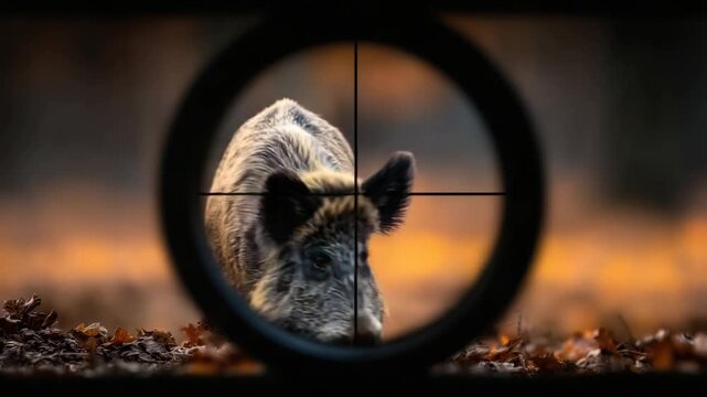 A wild boar is centered in the scope of a rifle with an autumn backdrop and fallen leaves