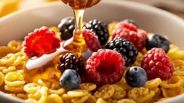 Fresh berries on crunchy cornflakes drizzled with golden honey pouring from above in bright light