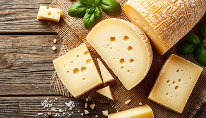 Assorted cheese variety top view on wooden table, food photography.
